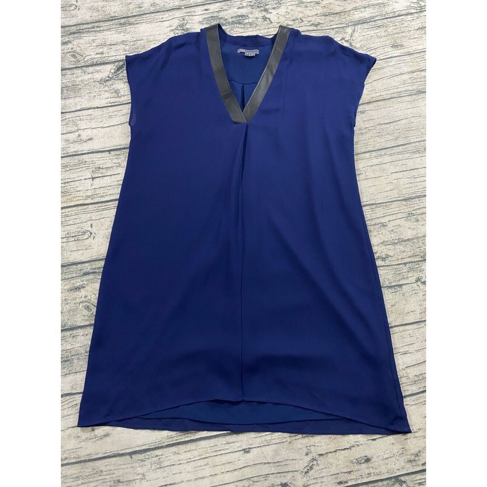 Vince Silk Tunic Dress Cap Sleeve V Neck Mini Blue Lamb Leather Trim Popover S - Picture 4 of 10